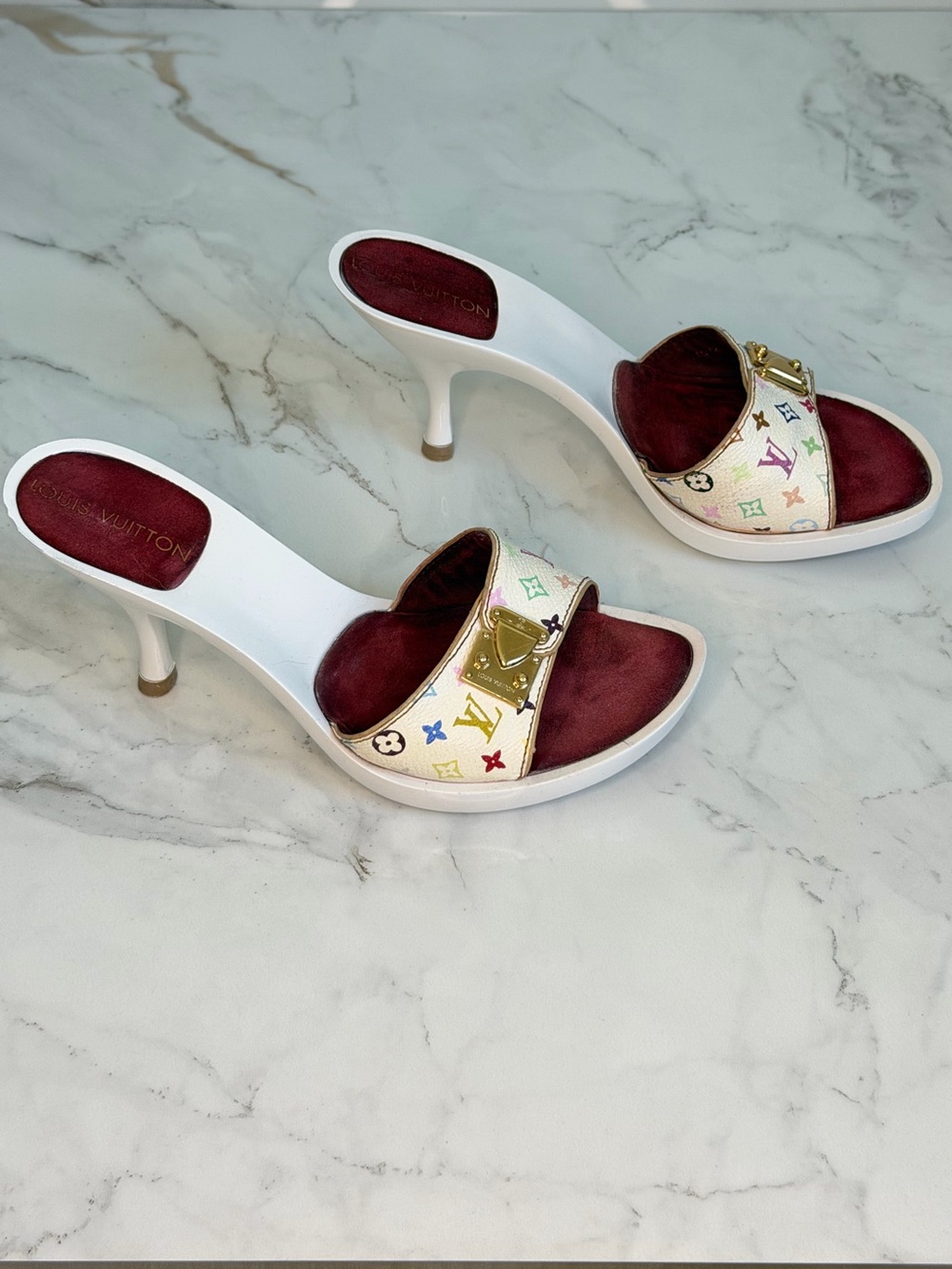 2002 Murakami Louis Vuitton White Multicolor Monogram Gold Buckle Mules - Picture 4 of 8